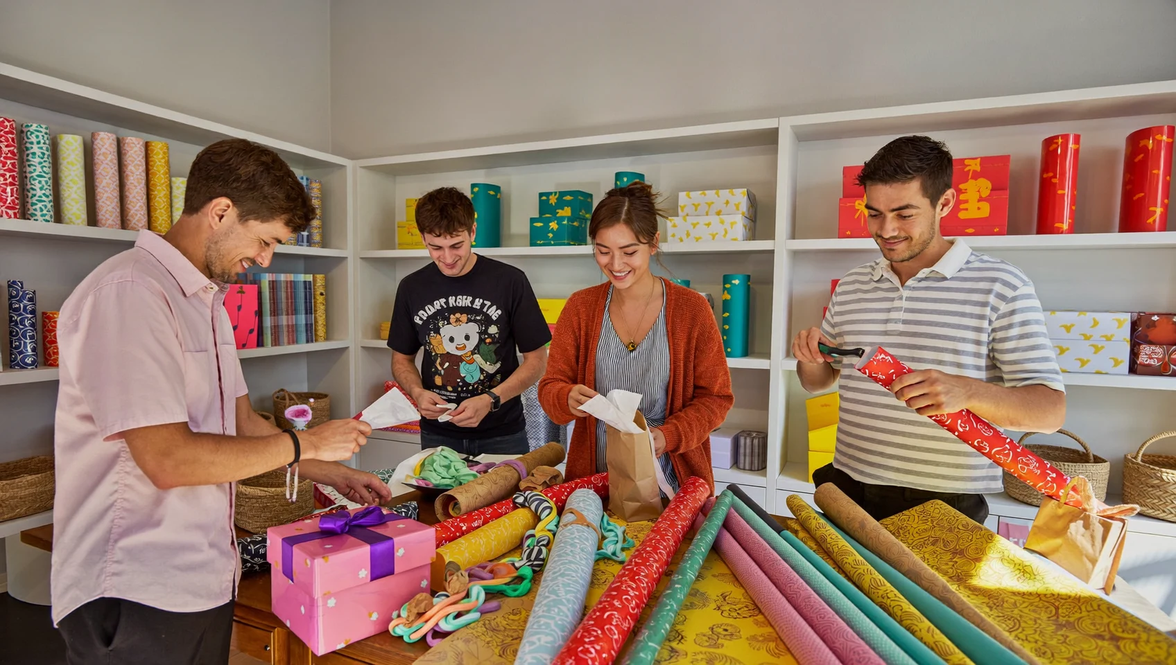 Illustration: festlich verpackte Geschenke in warmen, freundlichen Farben
